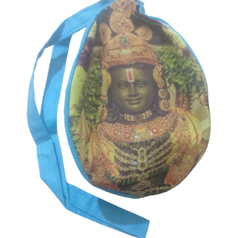 A round cloth sling bag with a blue strap, featuring an image of a deity adorned with jewelry and traditional attire